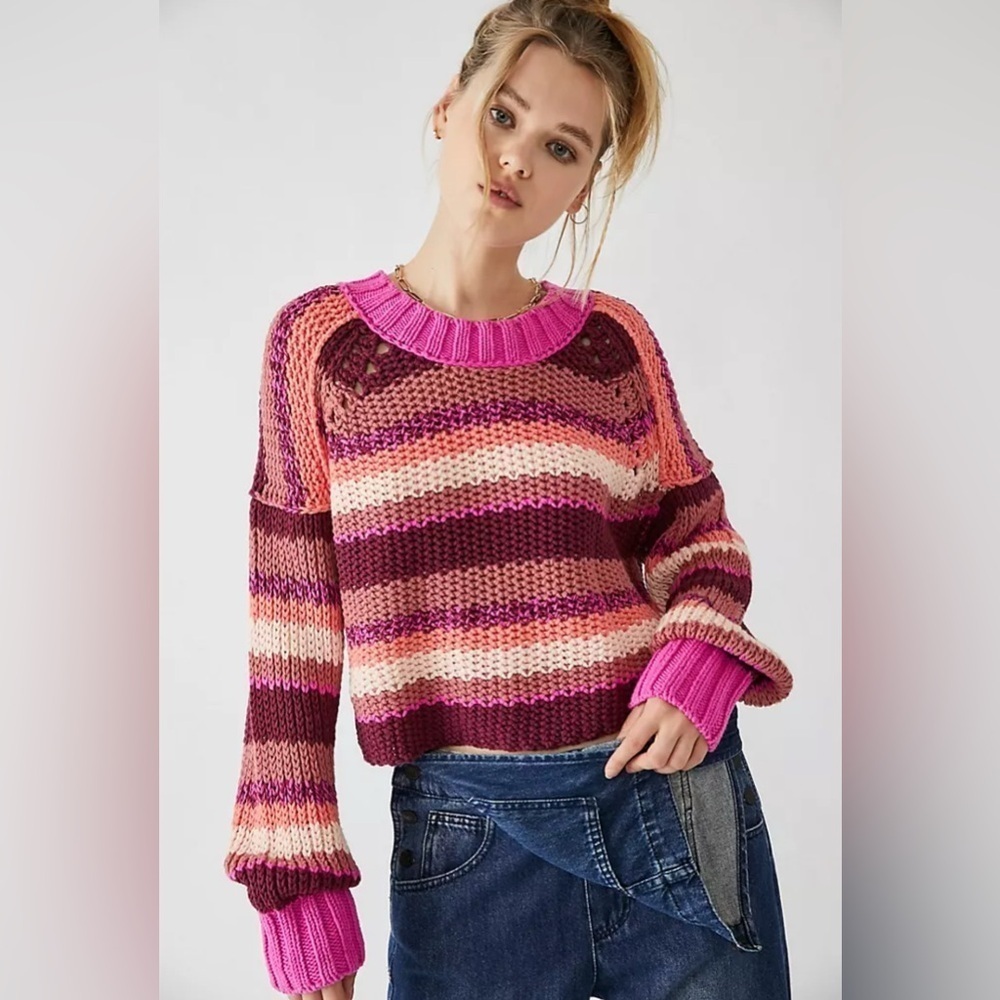 Free People Devon Striped Cropped Sweater Pink cotton blend size large